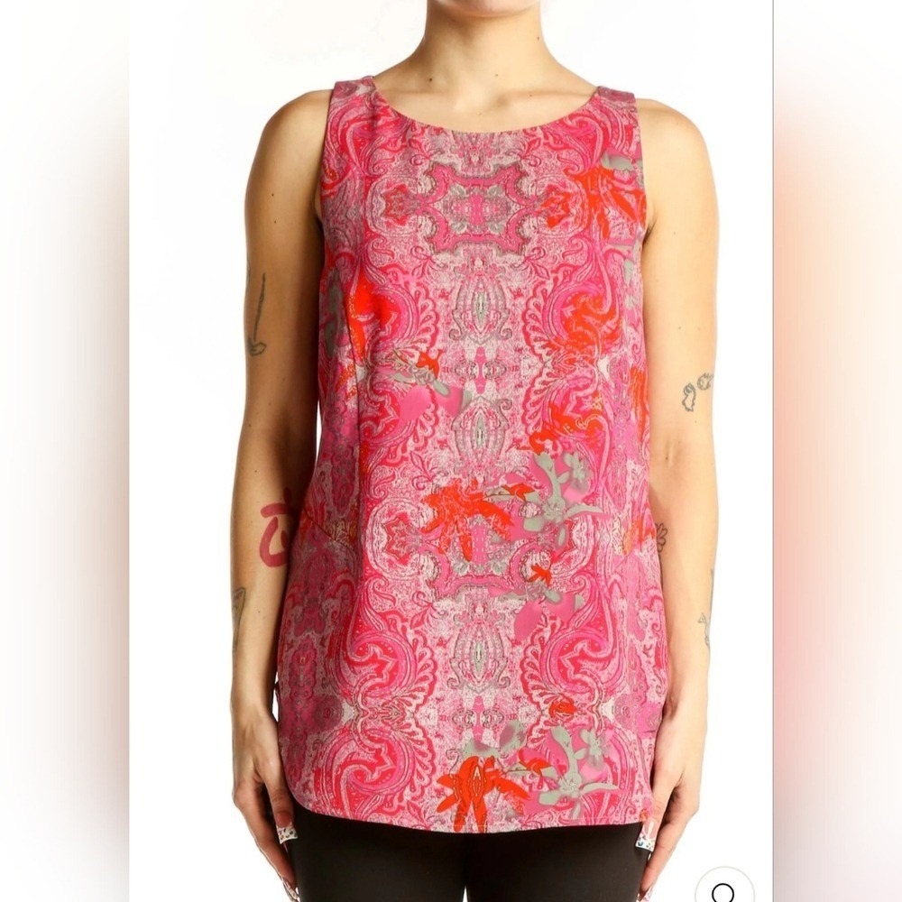 Cabi Women Pink Red Paisley Sleeveless Blouse Crew Neck Zip Back Top Small